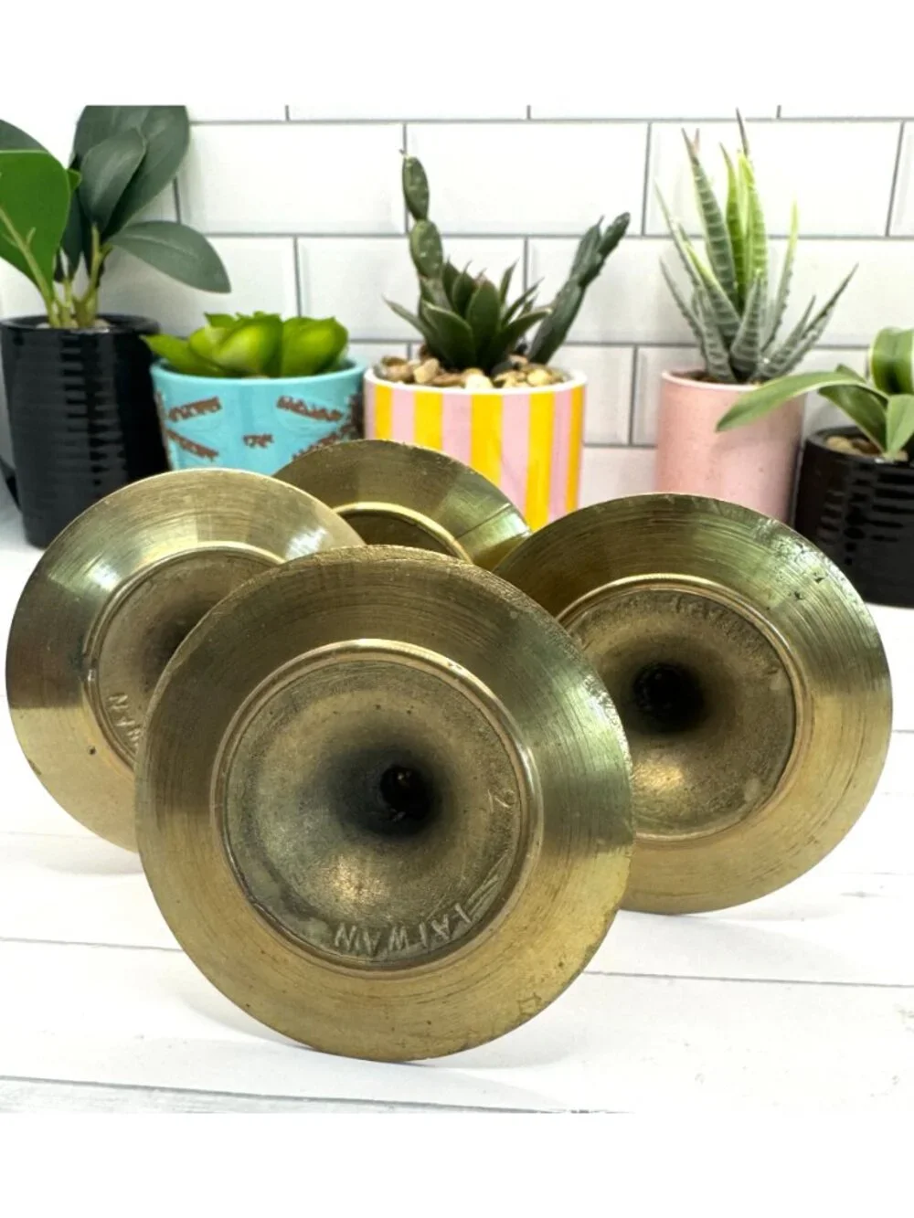 Vintage Brass Candle Holder Set Of 4 With Varying Heights Tapered Design